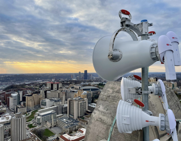 wireless antennas high above Pittsburgh overlooking downtown.