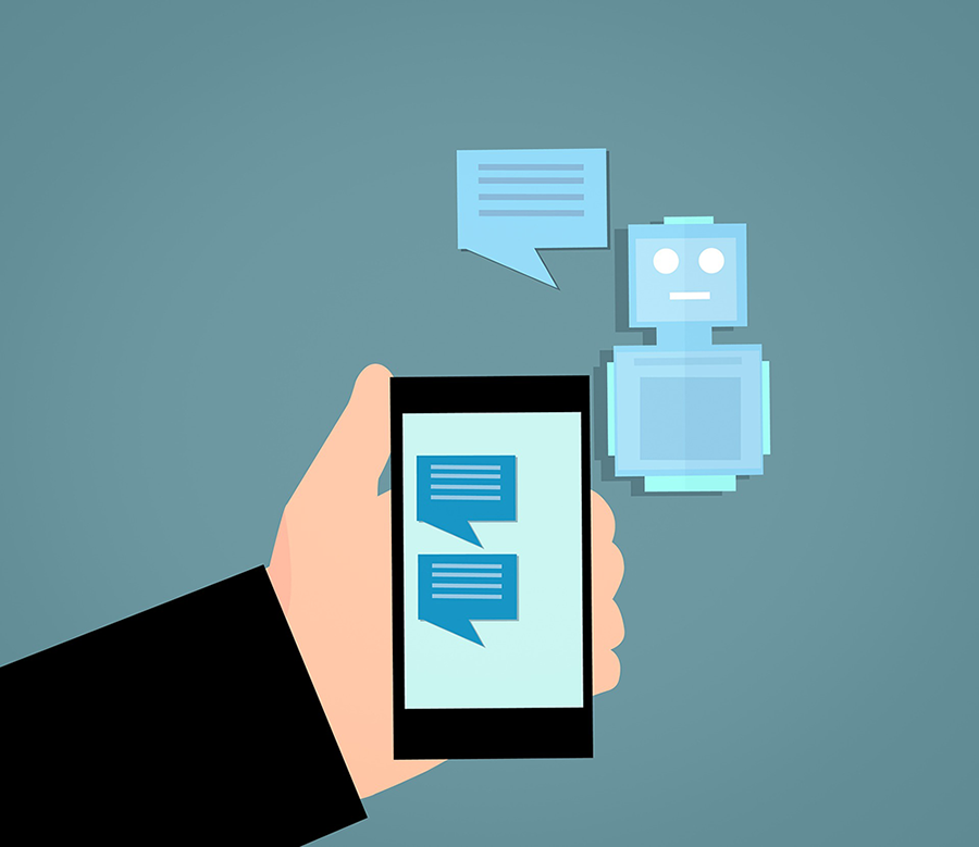  An illustration of a hand holding a cell phone and a robot connected by a chat bubble.