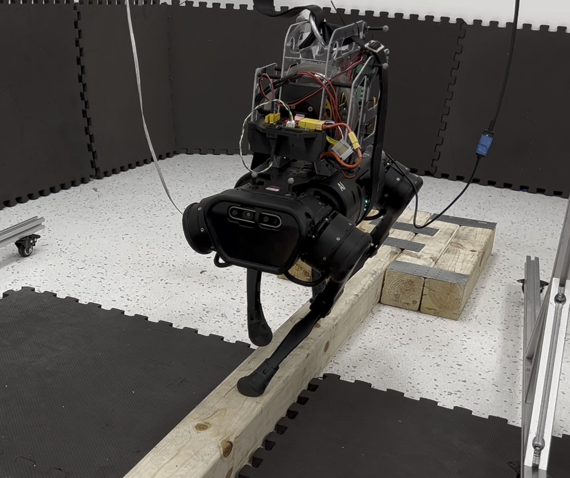  Picture of a quadruped robot walking a narrow beam.