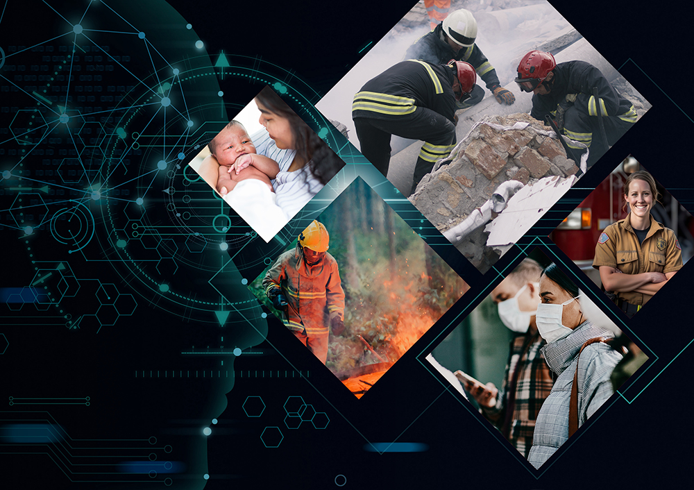  This collaged graphic shows a woman holding a baby, emergency crews removing rubble from a building collapse, a firefighter in action, people in masks and a woman in a public service uniform looking at the camera.