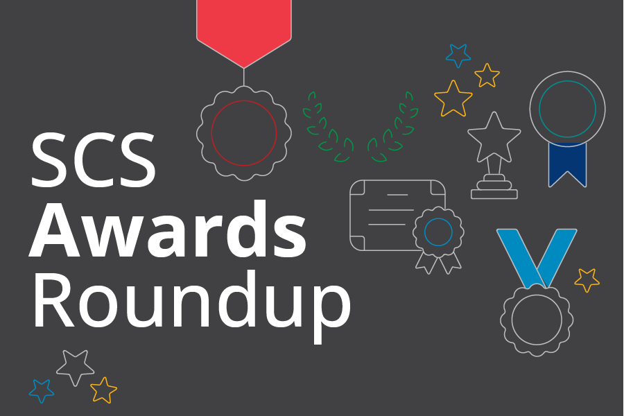  A decorative image to accompany an awards story that says SCS Awards Roundup with graphics of medals and other honors-type items scattered about.