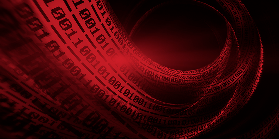  Stock imagery shows zeroes and ones spiraling in black against a red background.