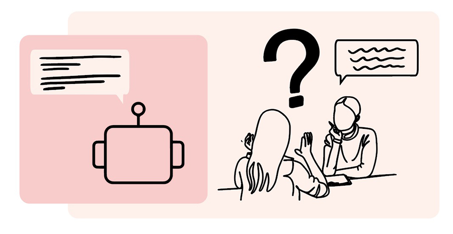  A deep pink box shows the outline of a robot's head with a dialogue box above it, while a lighter pink box contains a drawing of two people talking with a question mark above their heads.