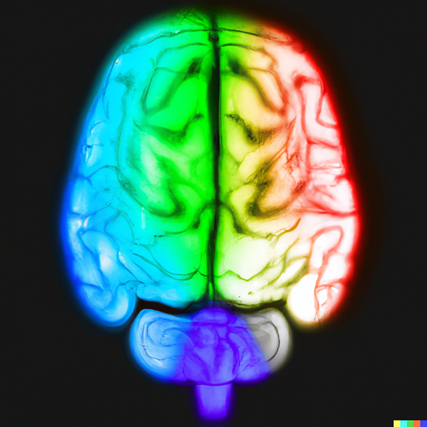  An image of the brain shows areas highlighted in blue, green, yellow and red.