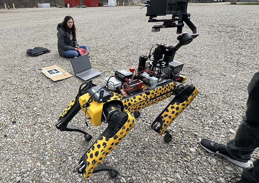  A yellow four-legged robot with leopard-like stripes stands on a gravel surface while its human operator kneels in the background.