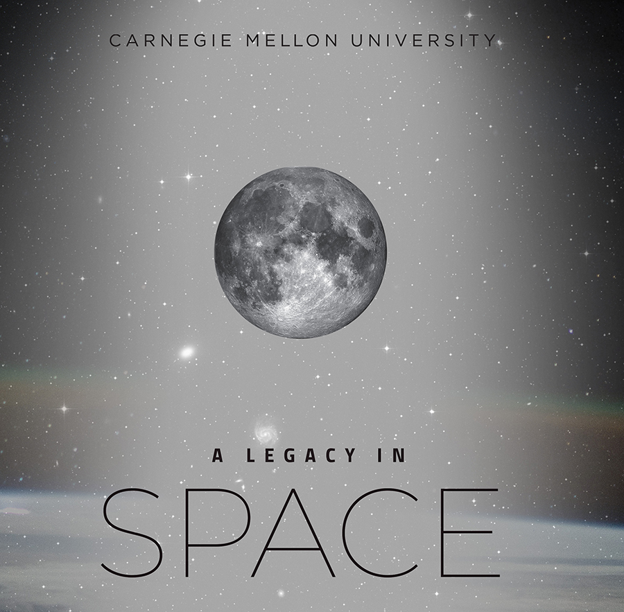  The cover of the current issue of The Link magazine shows the moon in the center with stars and black sky around it and the words Carnegie Mellon University: A Legacy in Space.