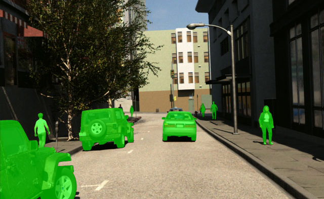  A narrow street with buildings on either side that highlights cars and pedestrians in neon green.