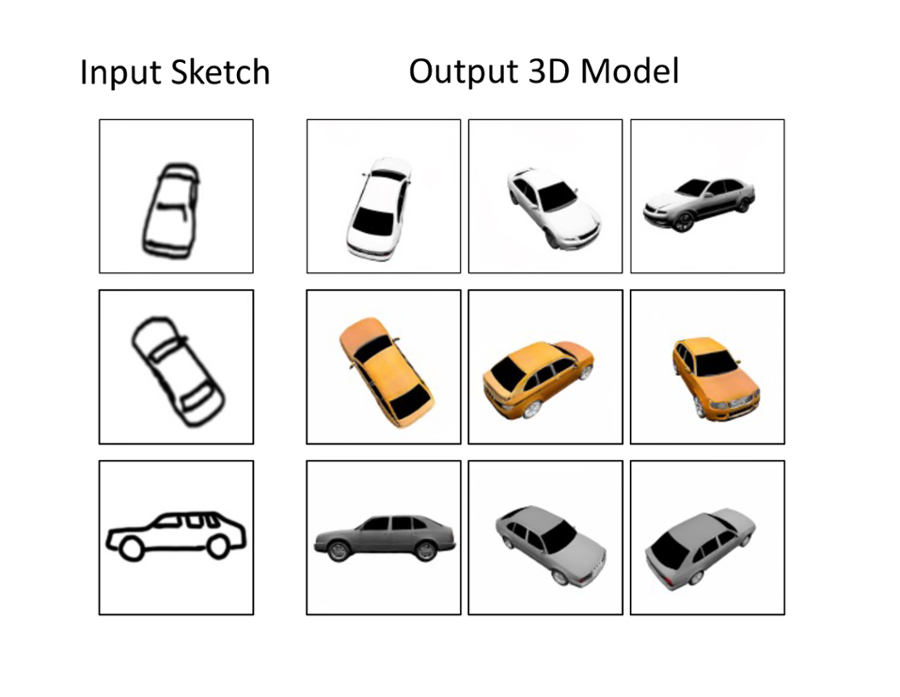  A vertical column on the left shows three different sketches of a car, while three columns on the right show digitial renderings of those sketches.