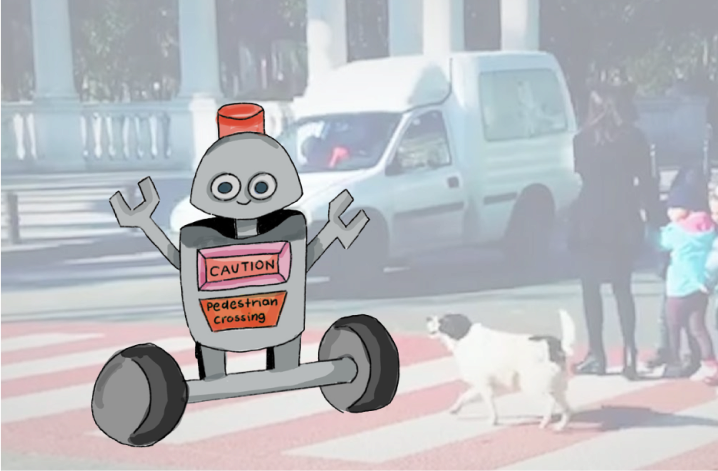  A drawing of a smiling robot with open arms wearing a sign that says "Caution, pedestrian cross" set against a real background of an urban crosswalk pedestrians and a dog are trying to use.