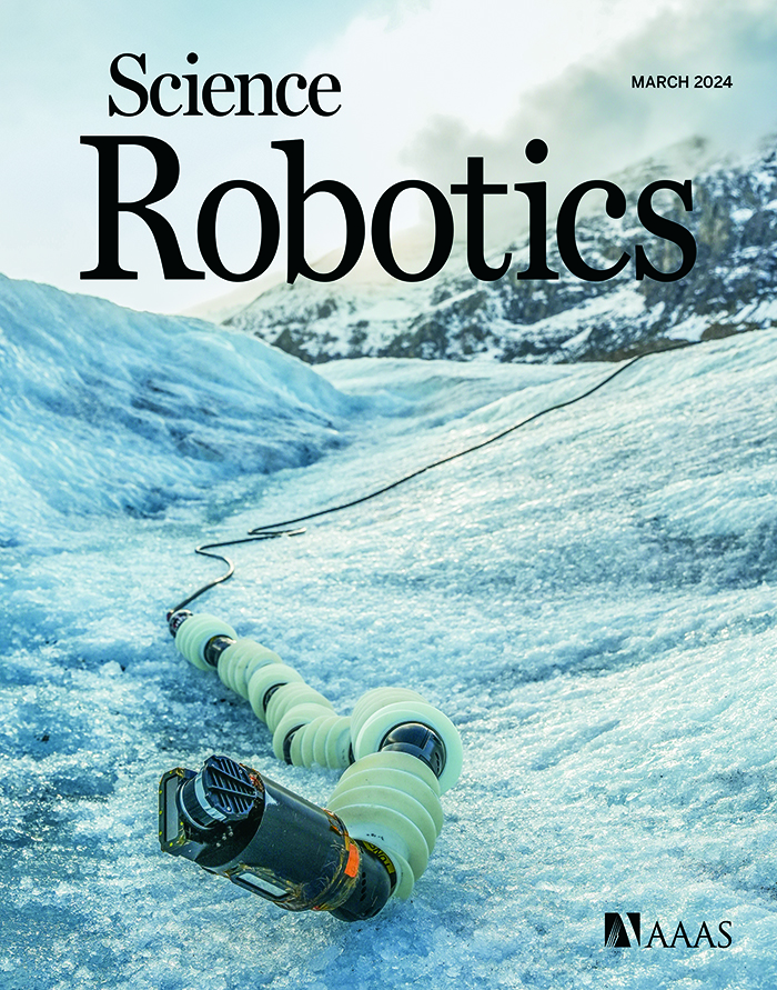  The cover of Science Robotics shows an icy surface in the background with a tube-like robot in the foreground.