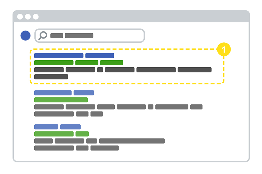  An illustration of a search engine window, including a search bar with a magnifying glass in it, and the results below represented by boxes in various colors.