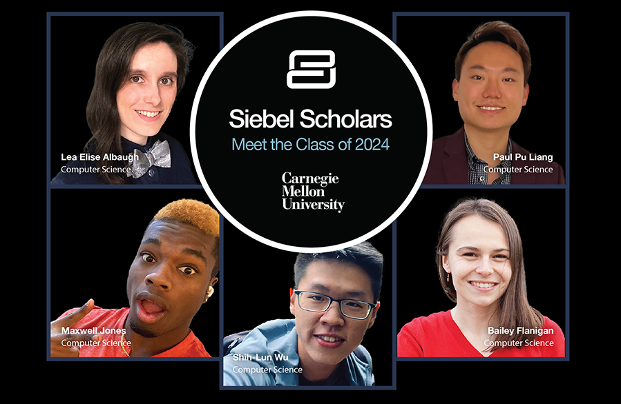  Collaged headshots of Lea Albaugh, Bailey Flanigan, Maxwell Jones, Paul Pu Liang and Shih-Lun Wu around the Siebel Scholars logo.