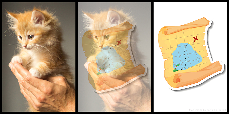  Three photos show, from left to right, a ginger cat; an illustrated map superimposed on the cat; and then the map itself without the cat.