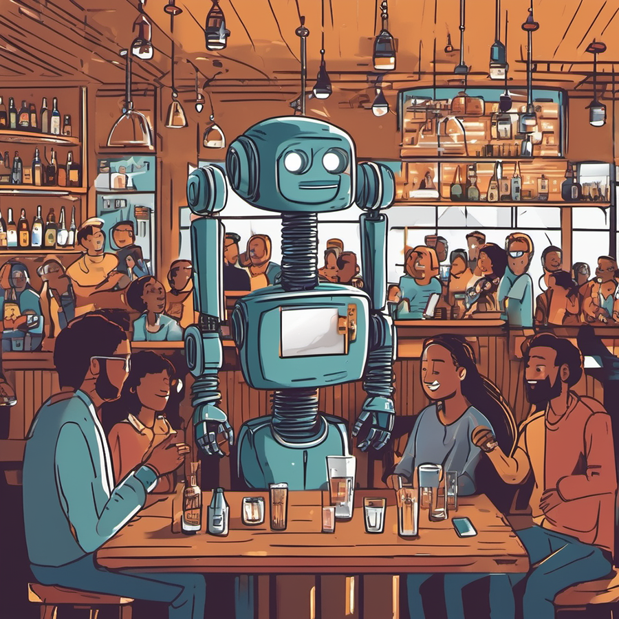  A tall turquoise robot sits amid four humans at a table in a bar in this AI-generated illustration.