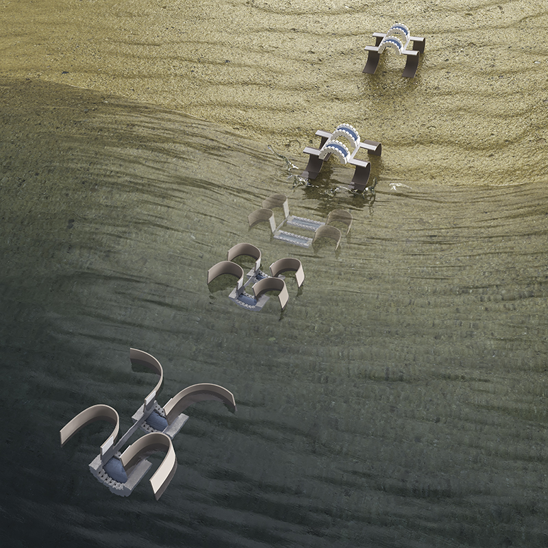  Small robots with four curved legs and arched torsos travel from sand to water, where the robot changes its shape and the legs flip to become propellers.