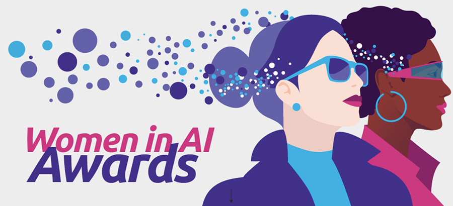 The Women in AI logo is displayed on the left and illustrated depictions of a white woman and a Black woman — both wearing sunglasses — are on the right.