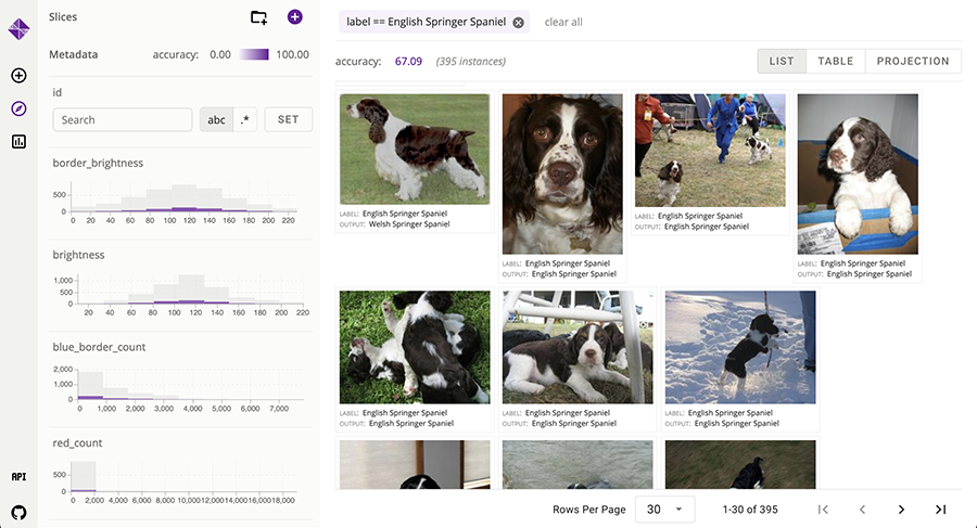  A depiction of the Zeno user interface, which shows images of springer spaniels in varying positions and attitudes on the right, and metadata about those images on the left.